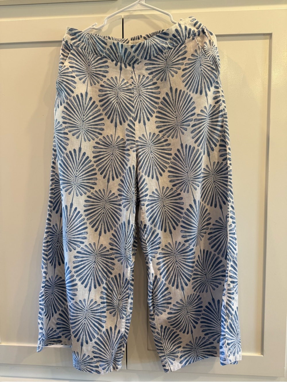 Joie 100% Linen Wide Leg Pants Blue White Palm Print Pull On Large